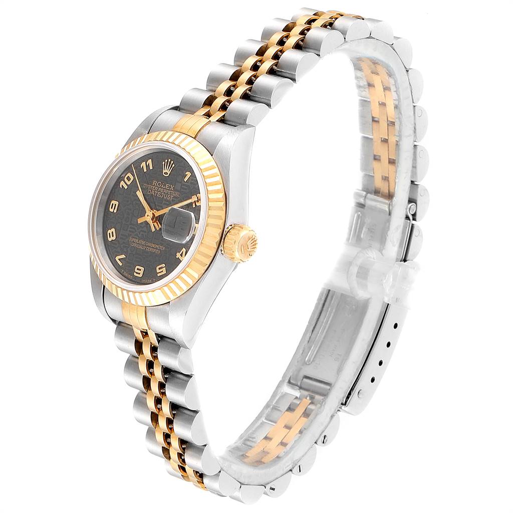 This image shows a side angle of the Rolex Datejust 69173 Women's Stainless Steel Black Dial 69173 Women's Stainless Steel Black Dial watch, focusing on the dial, case, and Jubilee bracelet.