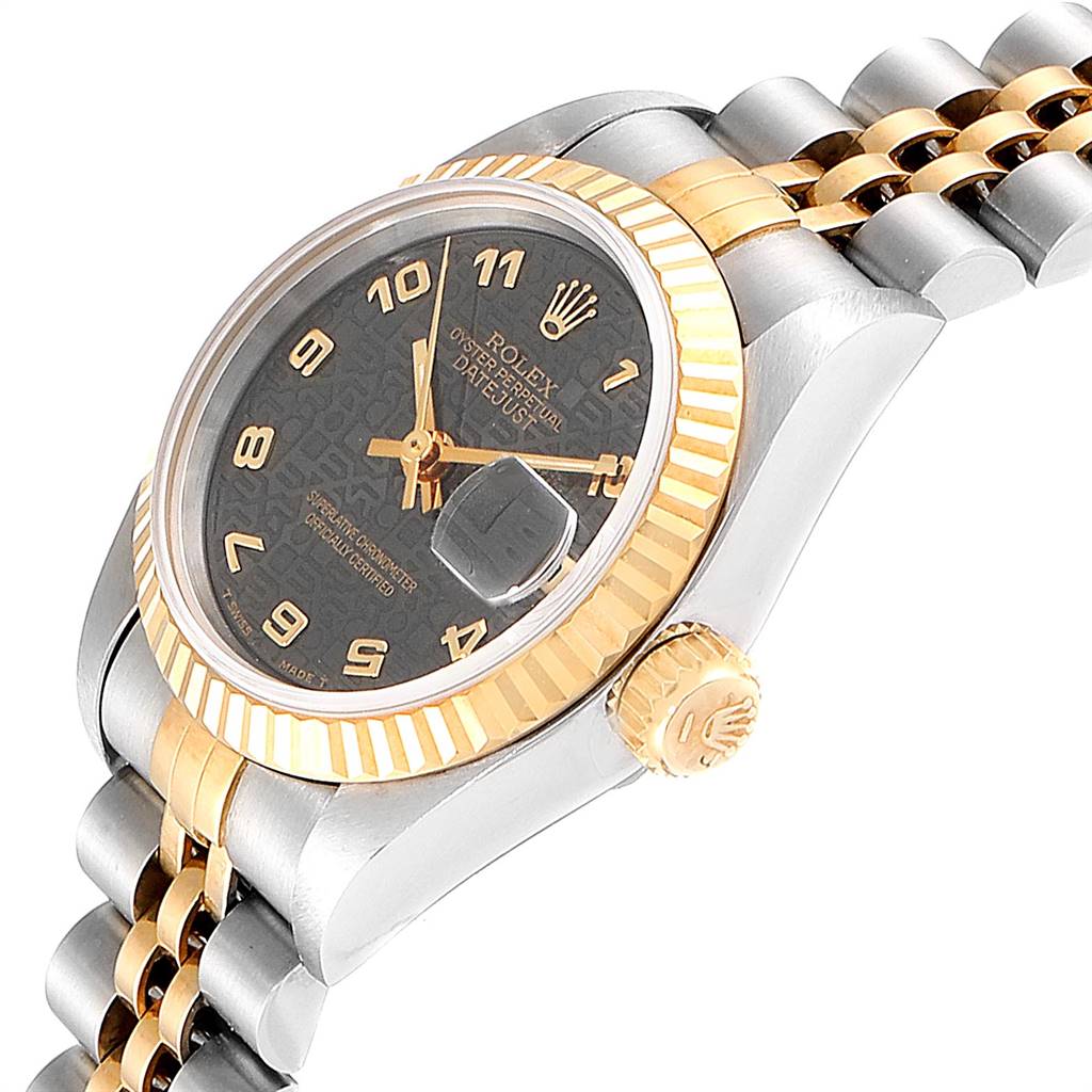 The image shows a close-up side angle of a Rolex Datejust 69173 Women's Stainless Steel Black Dial 69173 Women's Stainless Steel Black Dial watch, highlighting the dial, bezel, crown, and jubilee bracelet.