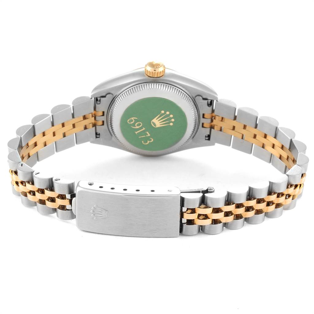 This image shows the back view of a Rolex Datejust 69173 Women's Stainless Steel Black Dial 69173 Women's Stainless Steel Black Dial watch, displaying the case back, crown, and two-tone bracelet.