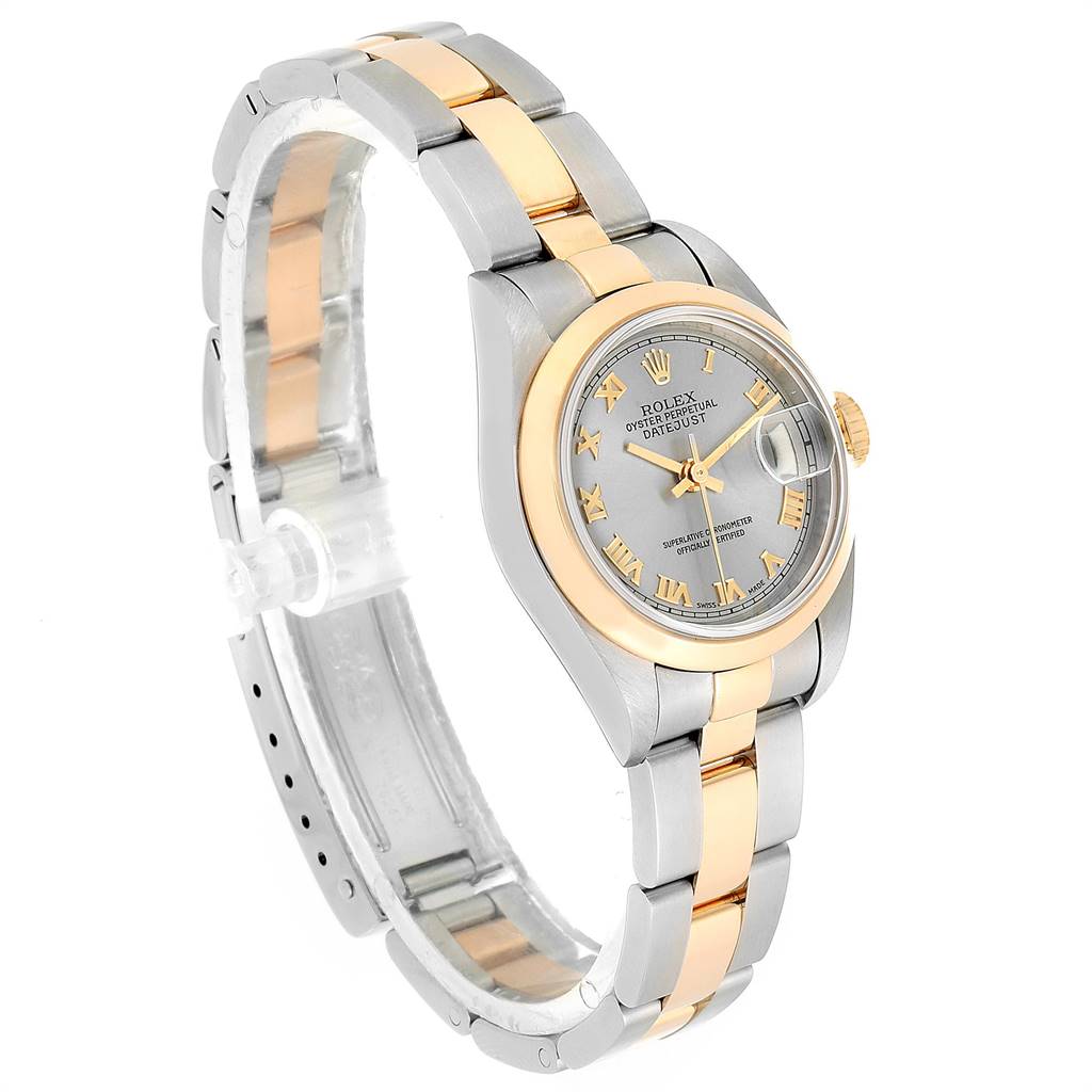 This image shows a Rolex Datejust 79163 Women's Steel and Gold (two tone) Grey Dial 79163 Women's Steel and Gold (two tone) Grey Dial watch at a side angle, displaying the face, case, bracelet, and clasp.