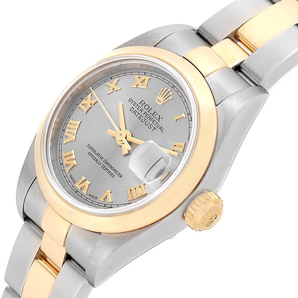 The image shows a close-up of a Rolex Datejust 79163 Women's Steel and Gold (two tone) Grey Dial 79163 Women's Steel and Gold (two tone) Grey Dial watch, highlighting the dial, bezel, crown, and part of the bracelet.