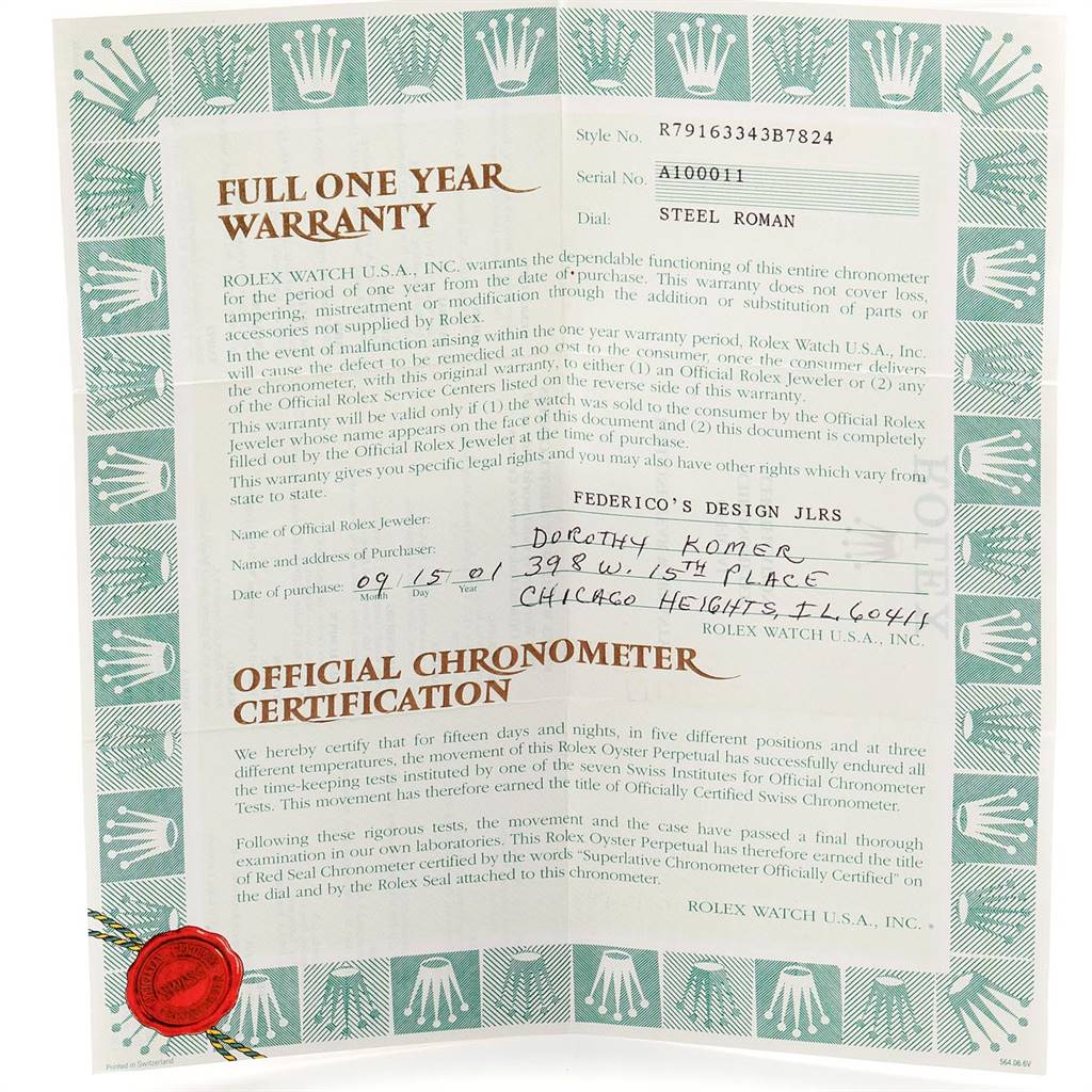 A Rolex Datejust 79163 Women's Steel and Gold (two tone) Grey Dial 79163 Women's Steel and Gold (two tone) Grey Dial warranty card is shown, featuring purchase details, official chronometer certification, and a red seal.