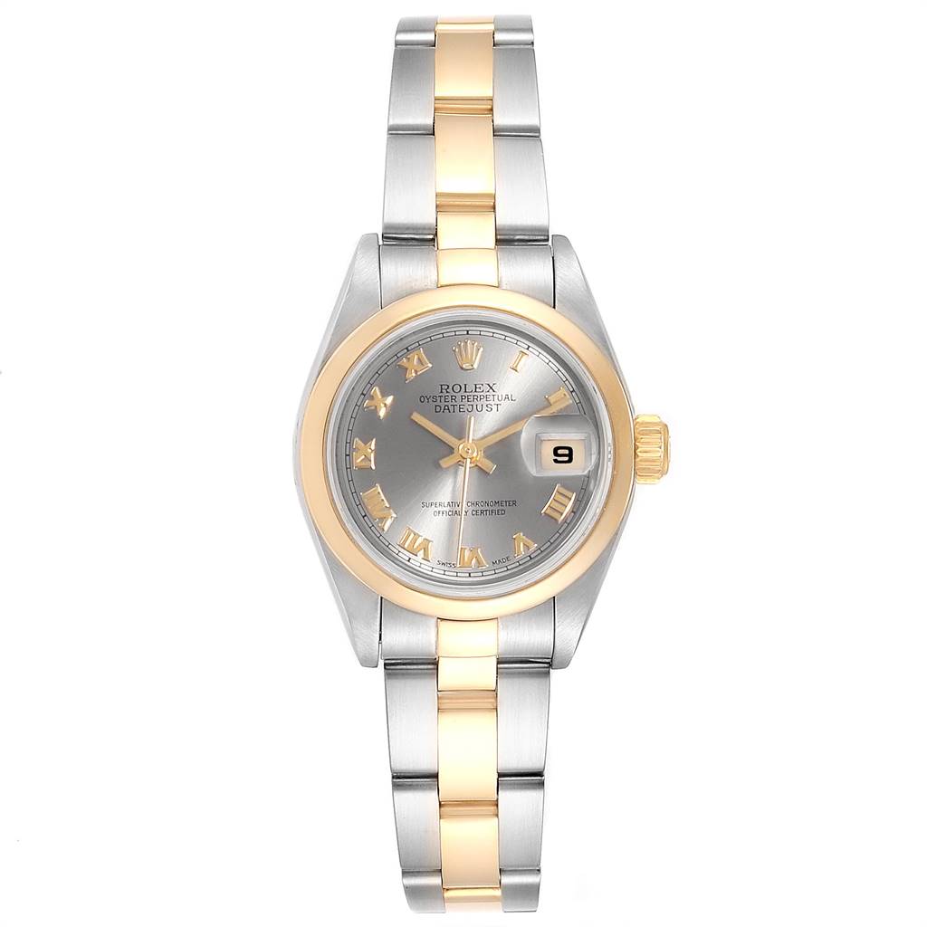 This image shows a front view of a Rolex Datejust 79163 Women's Steel and Gold (two tone) Grey Dial 79163 Women's Steel and Gold (two tone) Grey Dial watch, highlighting the dial, bezel, and two-tone bracelet.