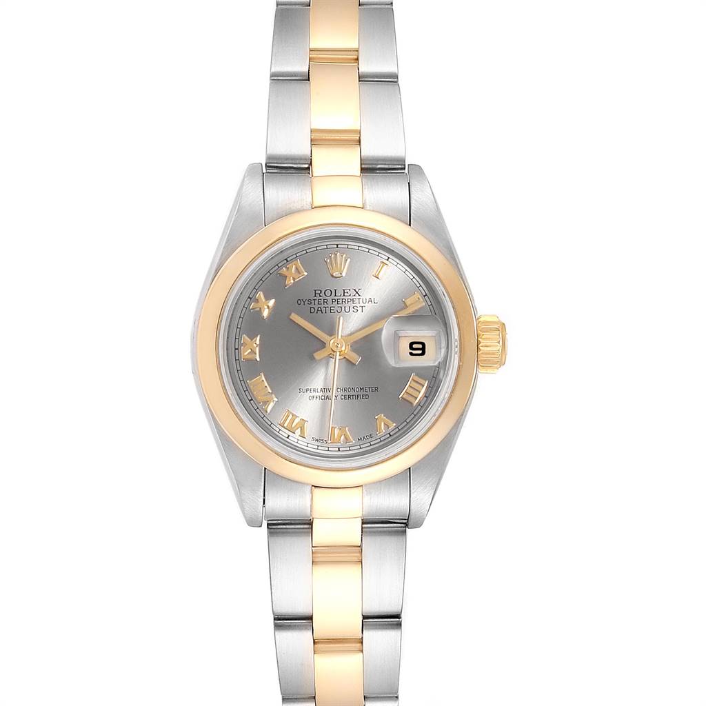 The image shows a frontal view of a Rolex Datejust 79163 Women's Steel and Gold (two tone) Grey Dial 79163 Women's Steel and Gold (two tone) Grey Dial watch, featuring a two-tone bracelet, a date window, and a gray dial with gold accents.