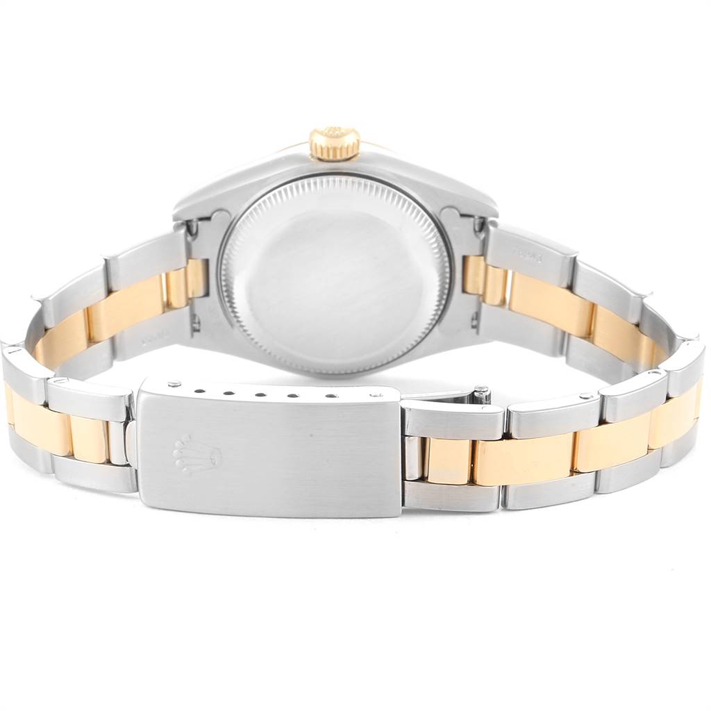 The image shows the back of a Rolex Datejust 79163 Women's Steel and Gold (two tone) Grey Dial 79163 Women's Steel and Gold (two tone) Grey Dial watch, highlighting its case back, crown, and two-tone bracelet with clasp.