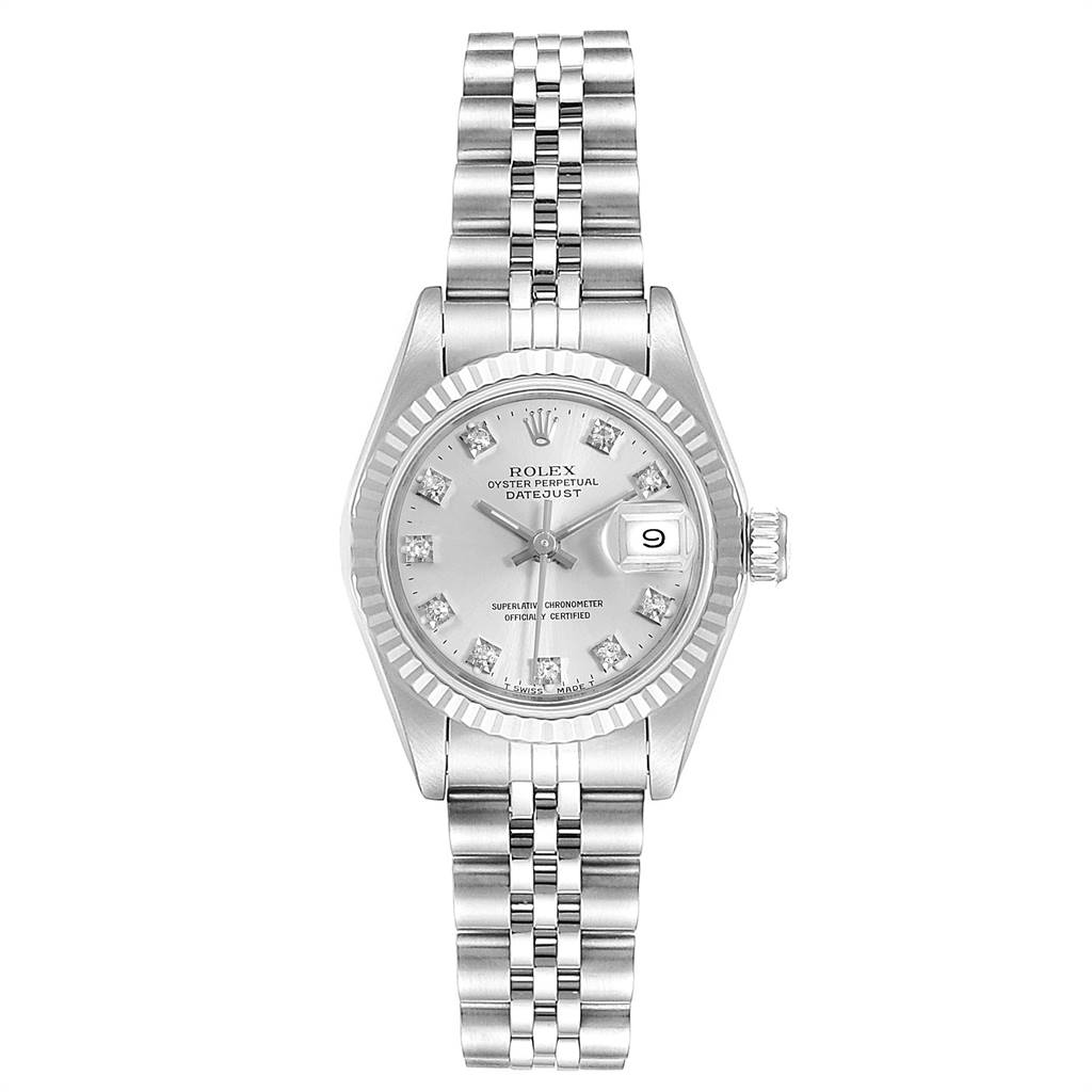 The image shows a Rolex Datejust 69174 Women
s Stainless Steel Silver Dial 69174 Women
s Stainless Steel Silver Dial watch from a top-down angle, displaying its dial, bezel, crown, and Jubilee bracelet.