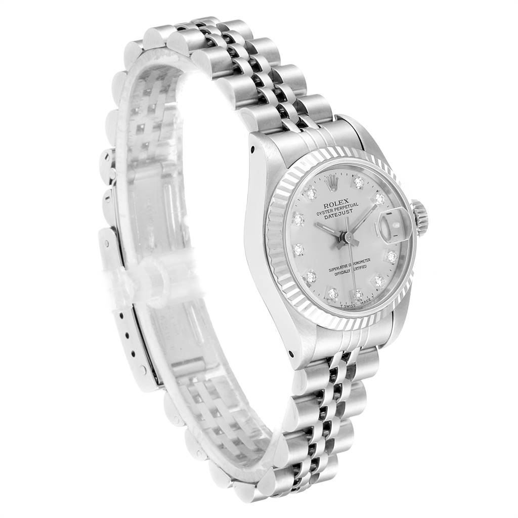 This image shows a Rolex Datejust 69174 Women
s Stainless Steel Silver Dial 69174 Women
s Stainless Steel Silver Dial watch from a side angle, highlighting the case, dial, and bracelet.