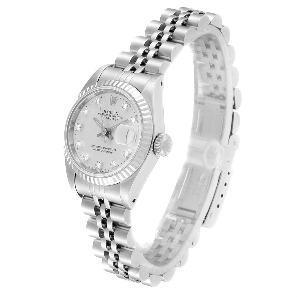 The Rolex Datejust 69174 Women
s Stainless Steel Silver Dial 69174 Women
s Stainless Steel Silver Dial watch is shown at a slight angle, highlighting the case, fluted bezel, dial, crown, and Jubilee bracelet.