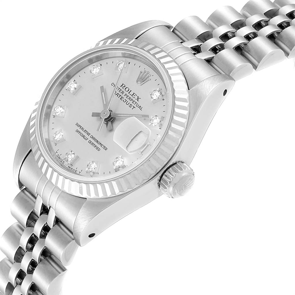 This image shows a close-up, angled view of the Rolex Datejust 69174 Women
s Stainless Steel Silver Dial 69174 Women
s Stainless Steel Silver Dial watch, highlighting the face, crown, and part of the bracelet.