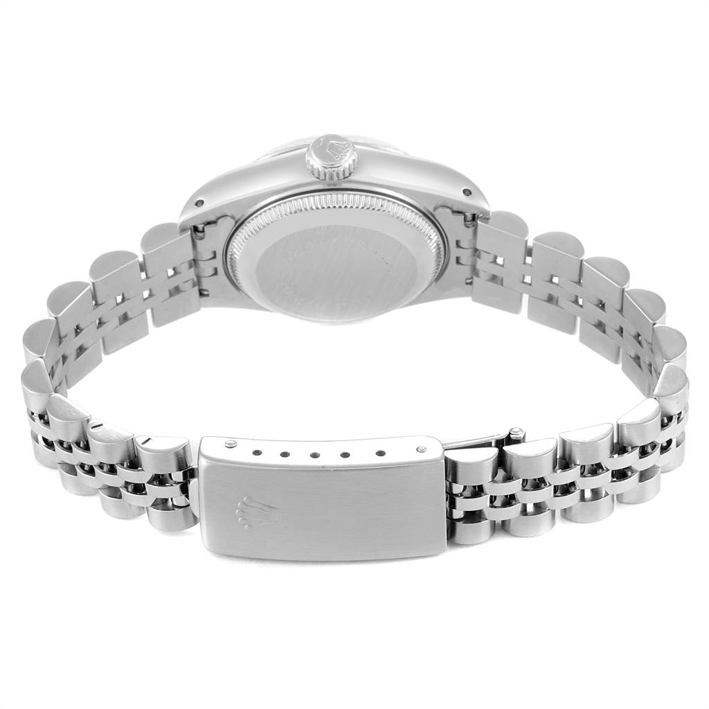 This image shows the back view of a Rolex Datejust 69174 Women
s Stainless Steel Silver Dial 69174 Women
s Stainless Steel Silver Dial watch, focusing on the case back and Jubilee bracelet with clasp.