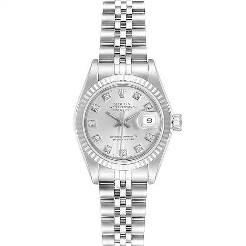 The image shows a frontal view of the Rolex Datejust watch, including its dial, bracelet, bezel, and crown.