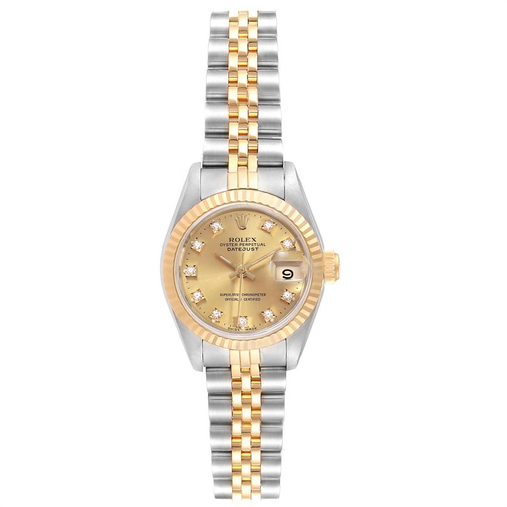 This image shows a frontal view of a Rolex Datejust 69173 Women's Stainless Steel Champagne Dial 69173 Women's Stainless Steel Champagne Dial watch, featuring the face, dial, and two-tone bracelet.