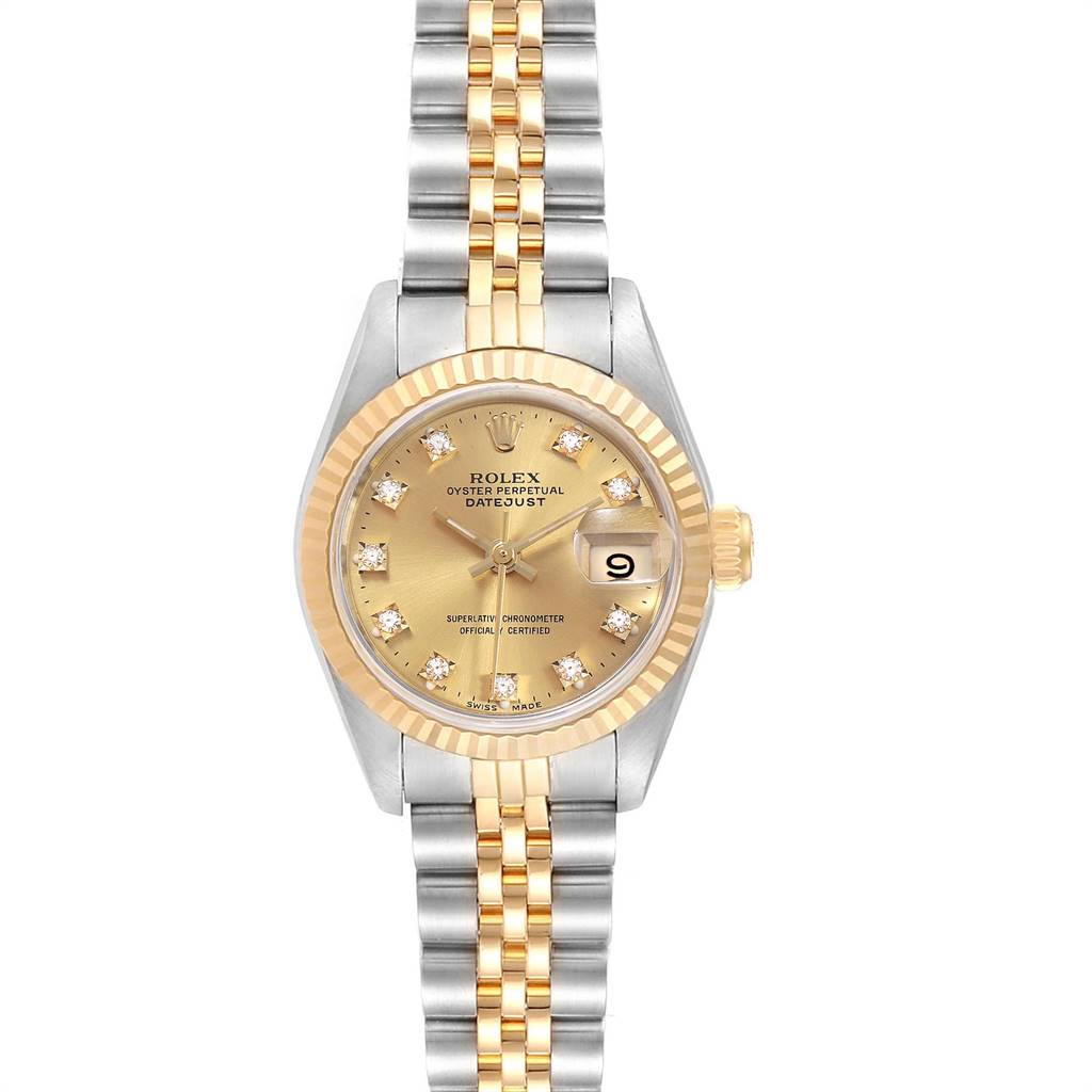 The image shows a front view of a Rolex Datejust 69173 Women's Stainless Steel Champagne Dial 69173 Women's Stainless Steel Champagne Dial watch with a gold and silver bracelet and diamond hour markers.