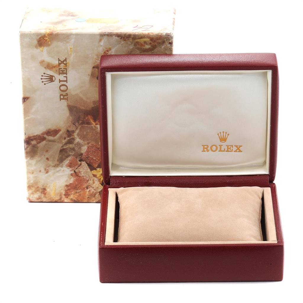 The image shows an open Rolex Datejust 69173 Women's Stainless Steel Champagne Dial 69173 Women's Stainless Steel Champagne Dial watch box and packaging from a front angle, highlighting the interior cushion and lid.