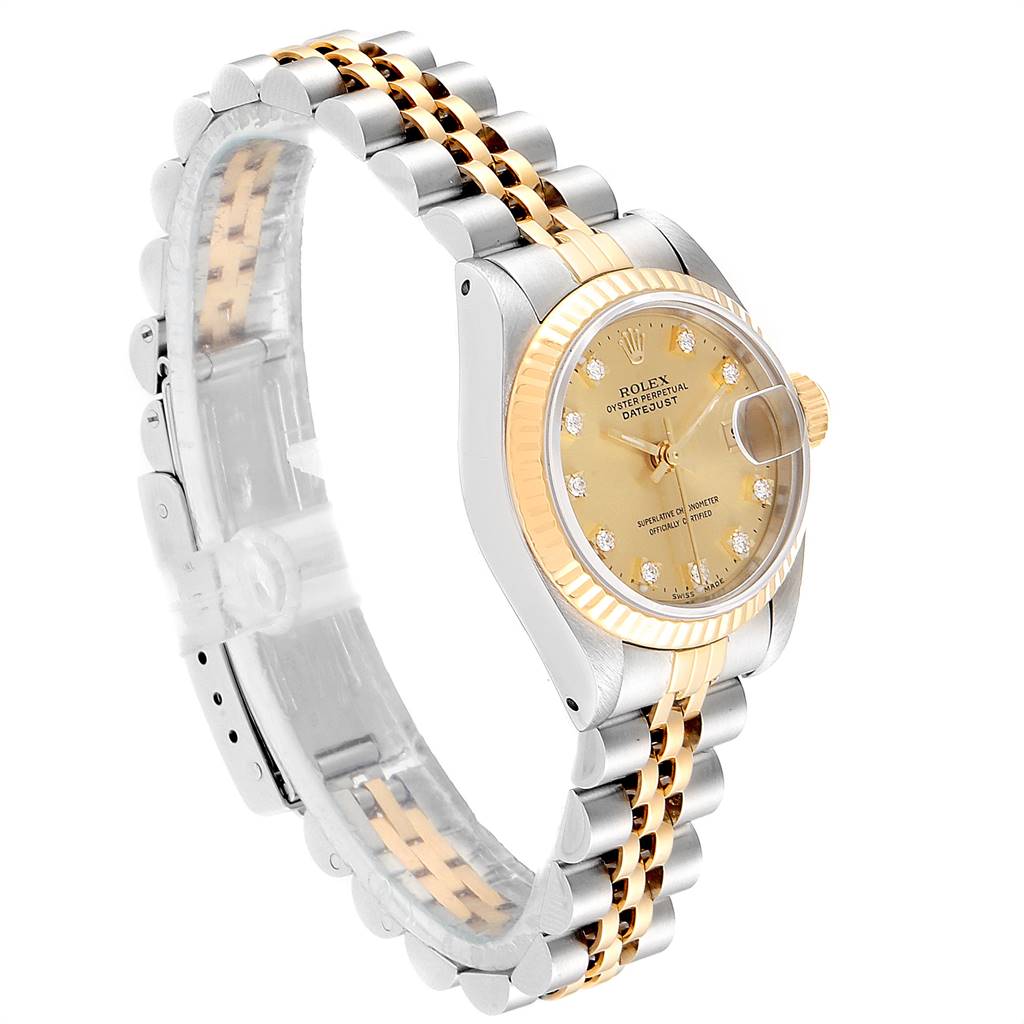 This image shows a side-angle view of a Rolex Datejust 69173 Women's Stainless Steel Champagne Dial 69173 Women's Stainless Steel Champagne Dial model, highlighting its bracelet, case, bezel, and dial.