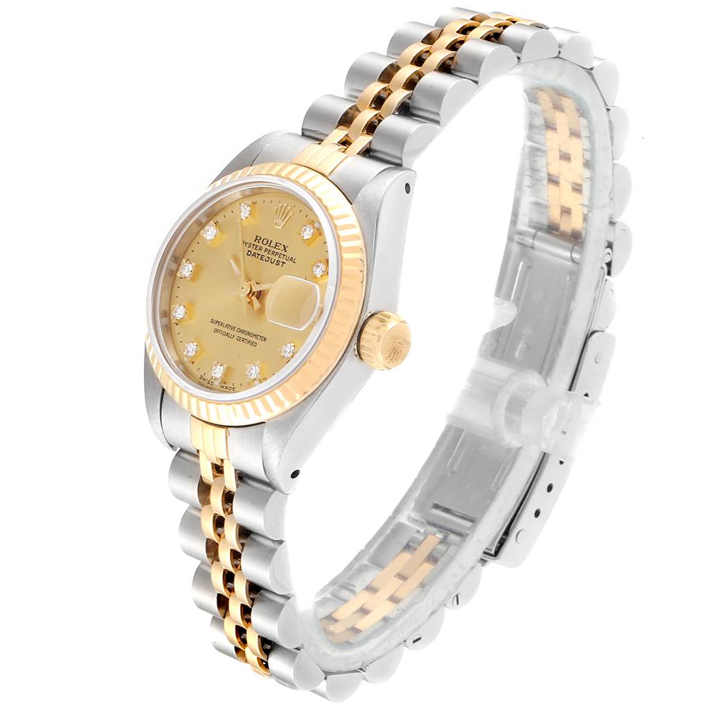 The image shows a Rolex Datejust 69173 Women's Stainless Steel Champagne Dial 69173 Women's Stainless Steel Champagne Dial watch viewed from a slight angle, showcasing its face, crown, and bracelet.