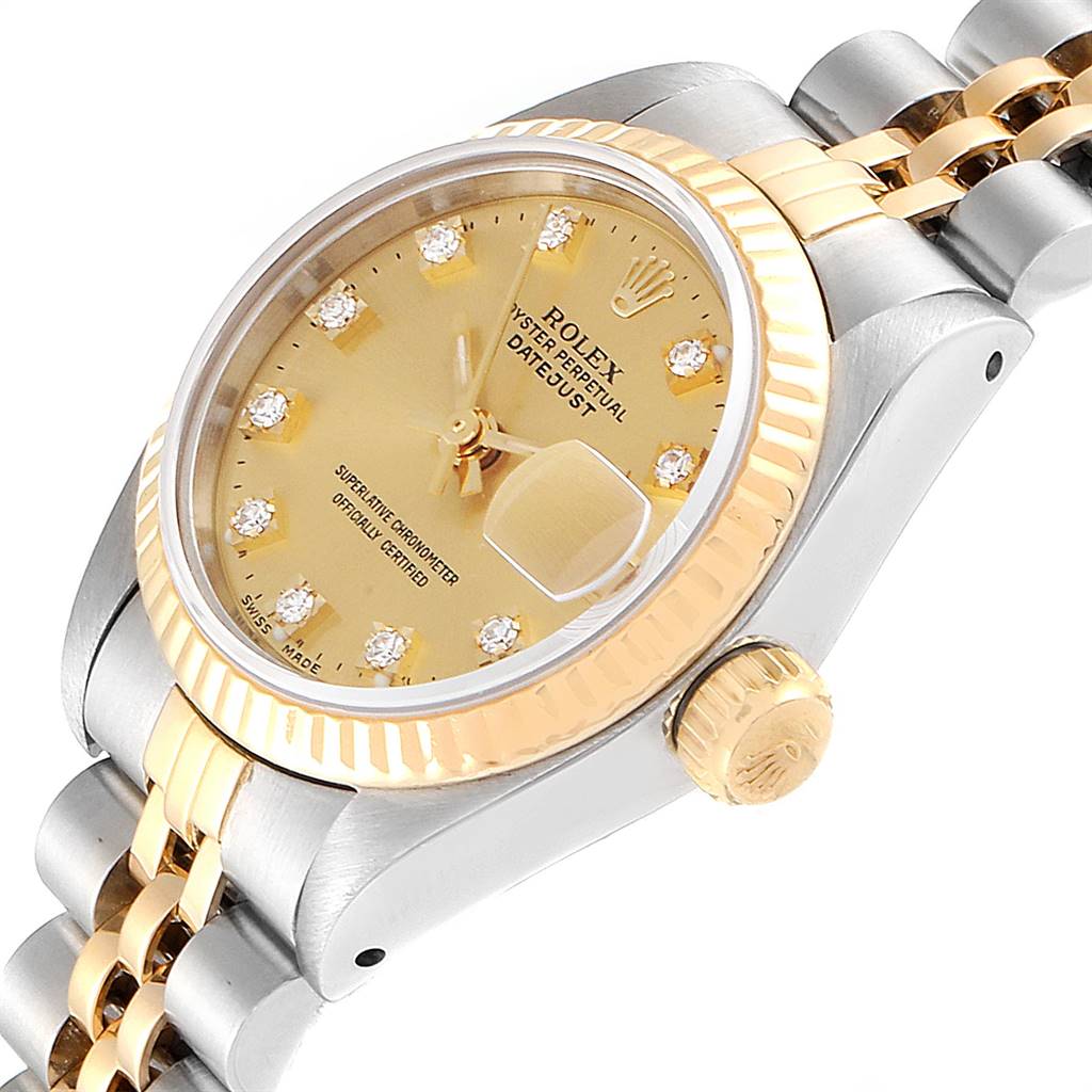The image shows a Rolex Datejust 69173 Women's Stainless Steel Champagne Dial 69173 Women's Stainless Steel Champagne Dial watch angled to highlight its face, bezel, and two-tone bracelet.