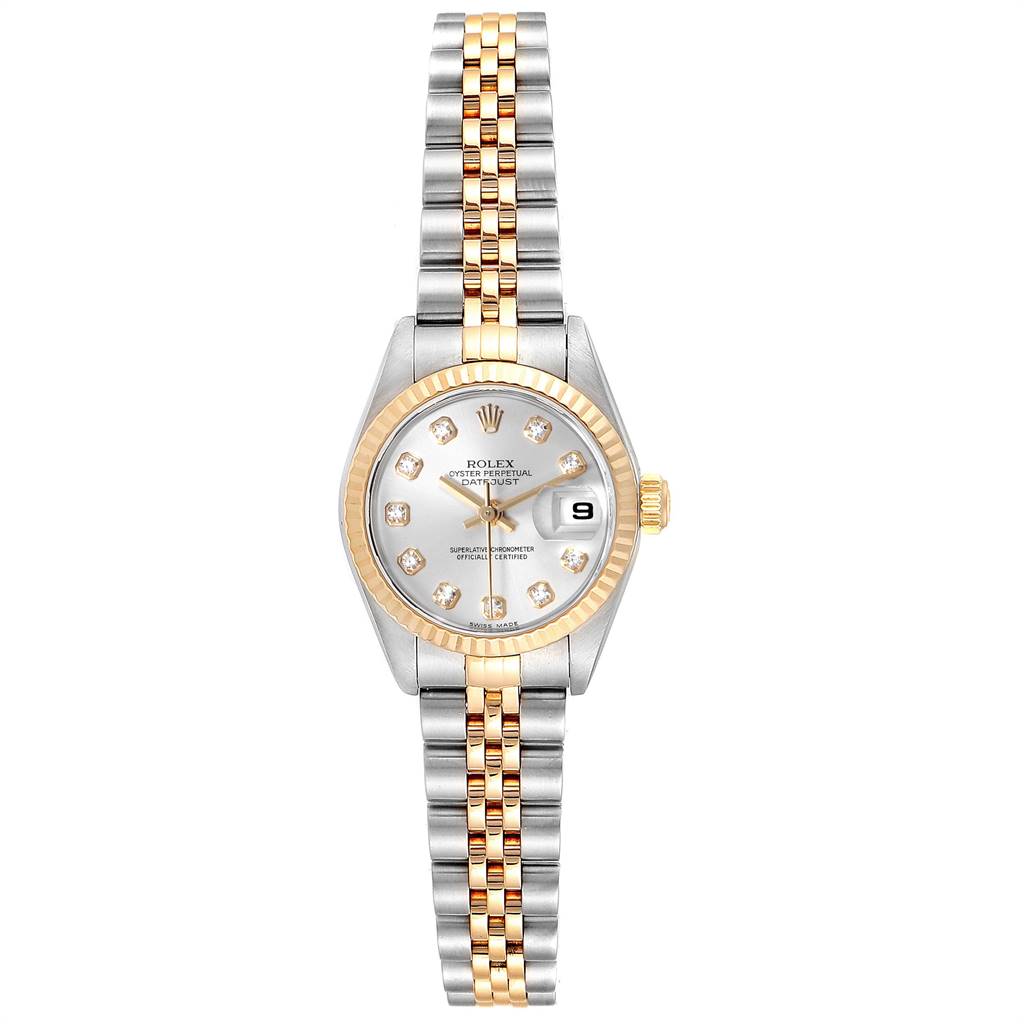 This image shows a Rolex Datejust 79173 Women's Stainless Steel Silver Dial 79173 Women's Stainless Steel Silver Dial model watch from a top-down angle, displaying the face, bezel, and bracelet.