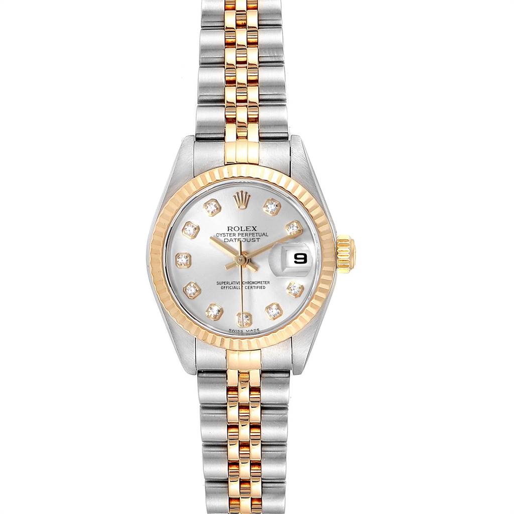 The Rolex Datejust 79173 Women's Stainless Steel Silver Dial 79173 Women's Stainless Steel Silver Dial watch is shown from a top-down angle, highlighting its two-tone bracelet, diamond hour markers, and date display.