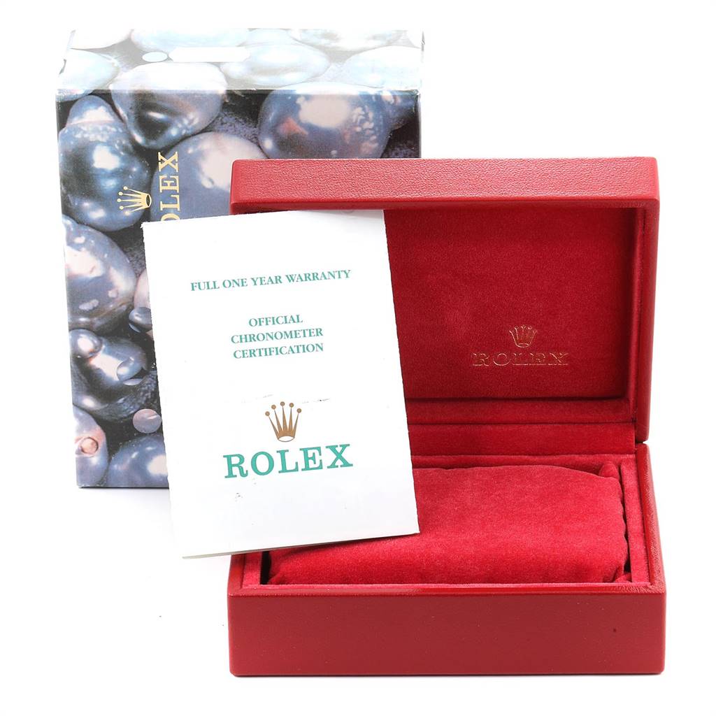 The image shows the Rolex Datejust 79173 Women's Stainless Steel Silver Dial 79173 Women's Stainless Steel Silver Dial box, warranty card, and certification with branding.
