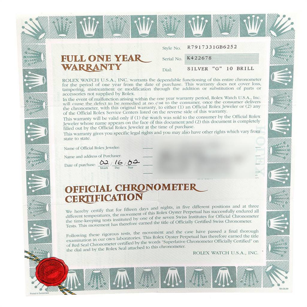 The image shows the warranty card and official chronometer certification for a Rolex Datejust 79173 Women's Stainless Steel Silver Dial 79173 Women's Stainless Steel Silver Dial watch.