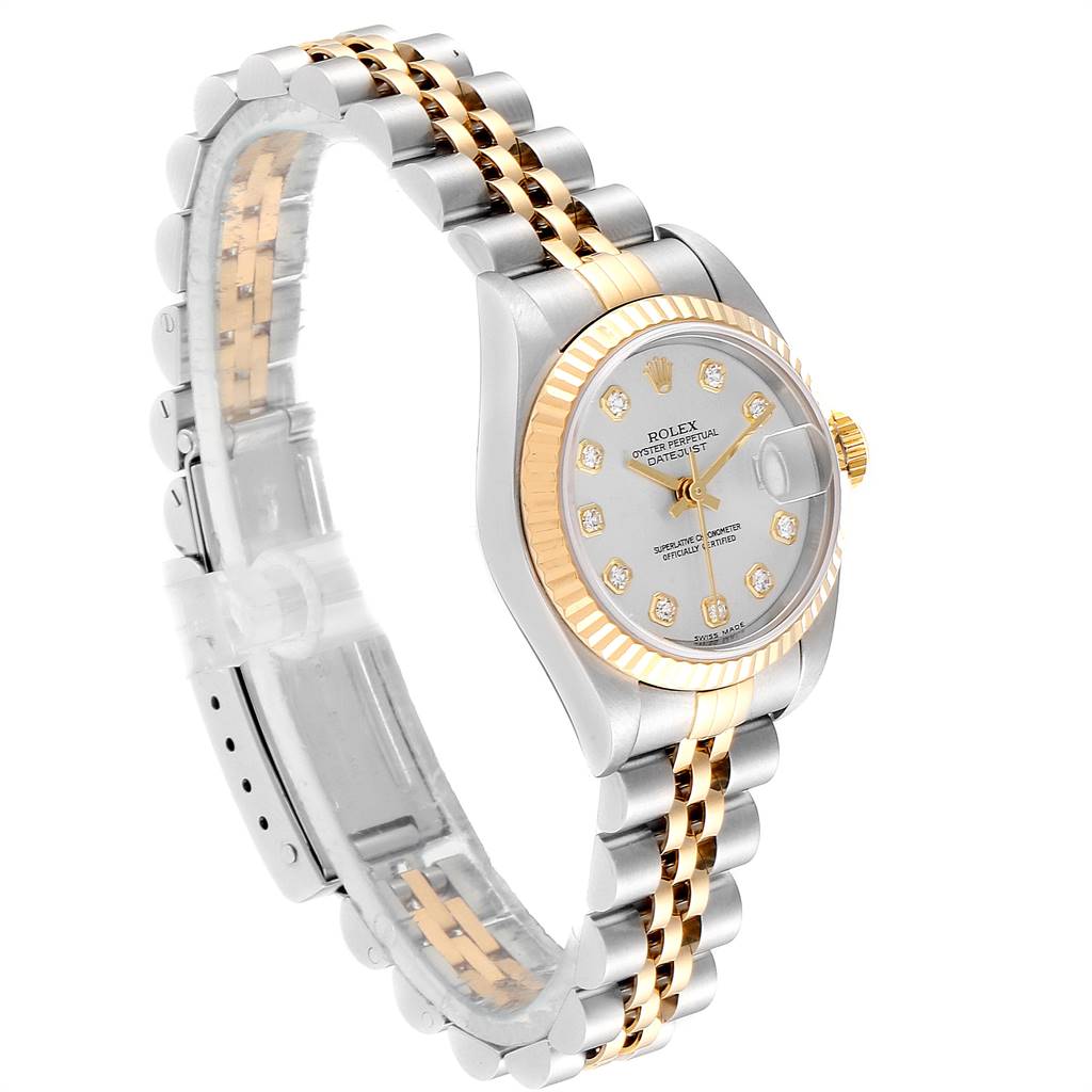 The image shows a side angle view of a Rolex Datejust 79173 Women's Stainless Steel Silver Dial 79173 Women's Stainless Steel Silver Dial watch highlighting the bracelet, bezel, and face.