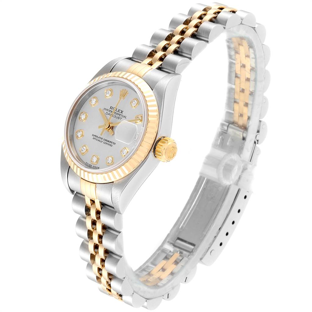 The Rolex Datejust 79173 Women's Stainless Steel Silver Dial 79173 Women's Stainless Steel Silver Dial watch is shown at a three-quarter angle, highlighting the bezel, dial, and jubilee bracelet.