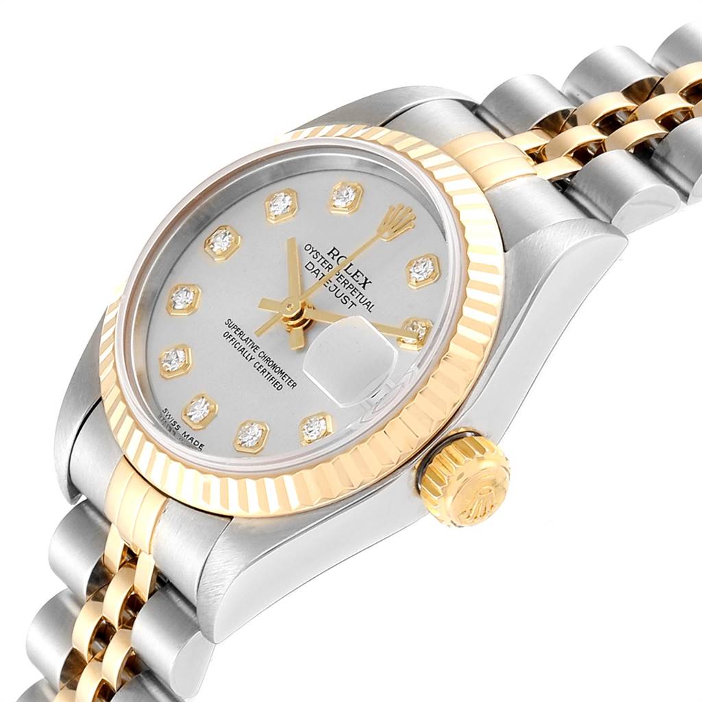 The image shows a Rolex Datejust 79173 Women's Stainless Steel Silver Dial 79173 Women's Stainless Steel Silver Dial watch at an angled close-up, highlighting the dial, bezel, crown, and bracelet.