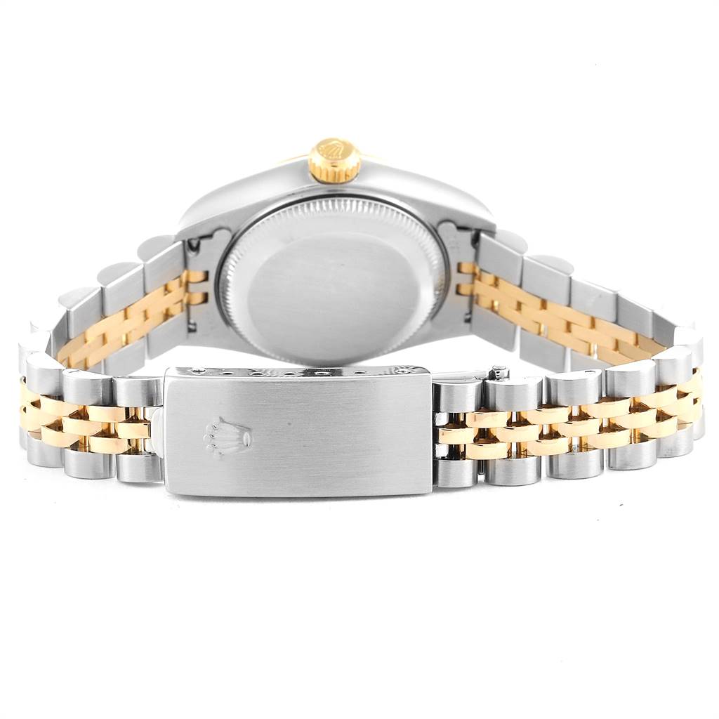 The image shows the back and clasp of a Rolex Datejust 79173 Women's Stainless Steel Silver Dial 79173 Women's Stainless Steel Silver Dial watch, featuring a two-tone metal bracelet and closed case back.