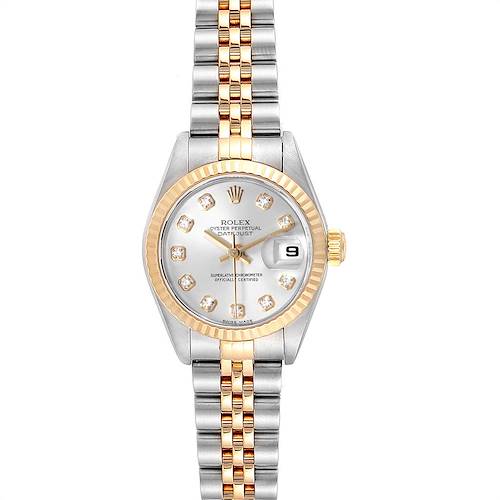 This image shows a frontal view of the Rolex Datejust watch, highlighting its dial, fluted bezel, and bracelet.