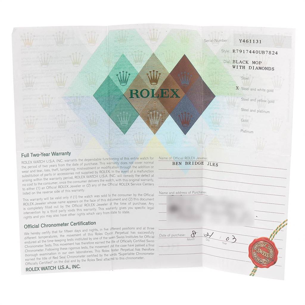 This image shows a warranty card and certificate for a Rolex Datejust 79174 Women's Stainless Steel Mother of Pearl Dial 79174 Women's Stainless Steel Mother of Pearl Dial model watch.