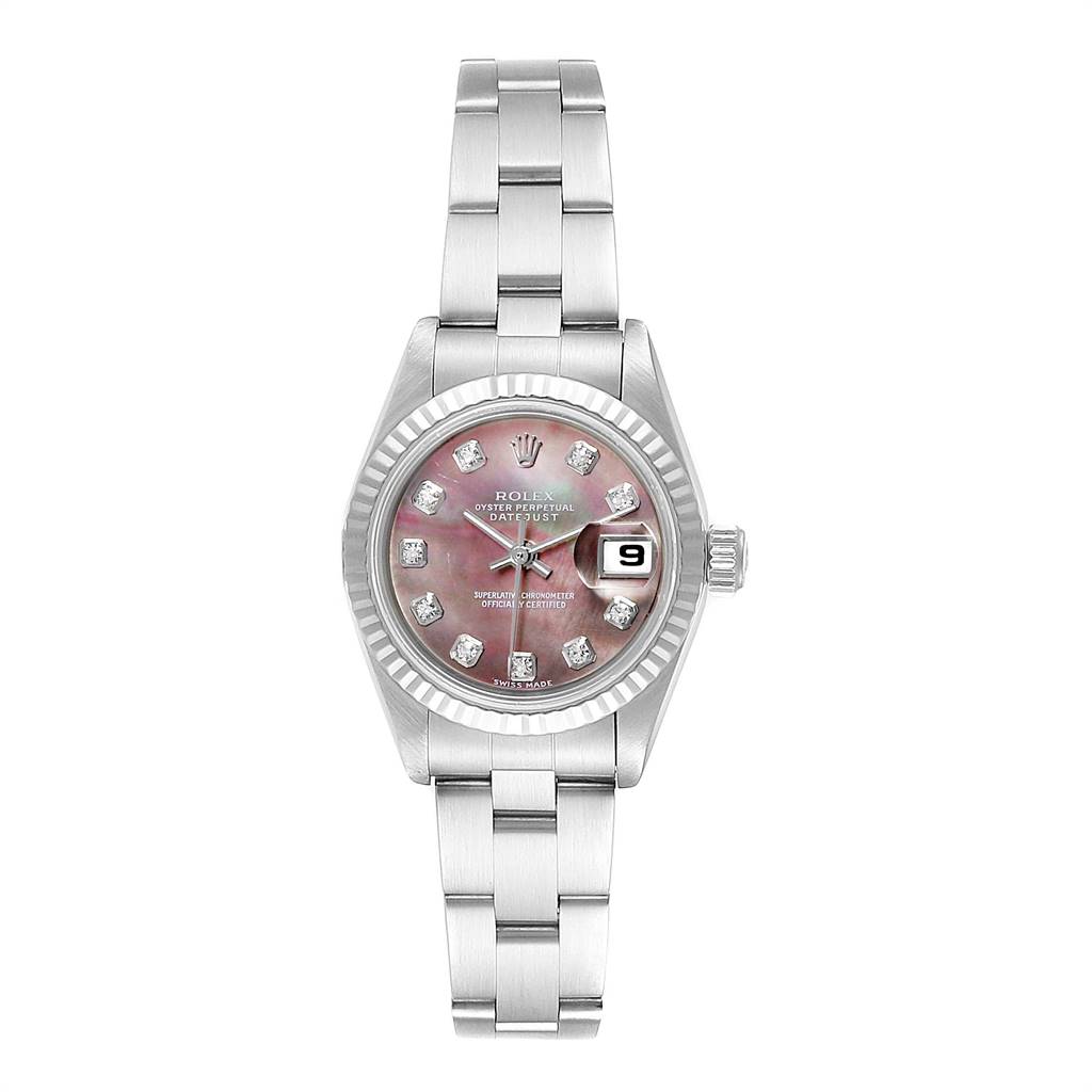 The image shows a front view of a Rolex Datejust 79174 Women's Stainless Steel Mother of Pearl Dial 79174 Women's Stainless Steel Mother of Pearl Dial watch, displaying the face, bezel, and bracelet.