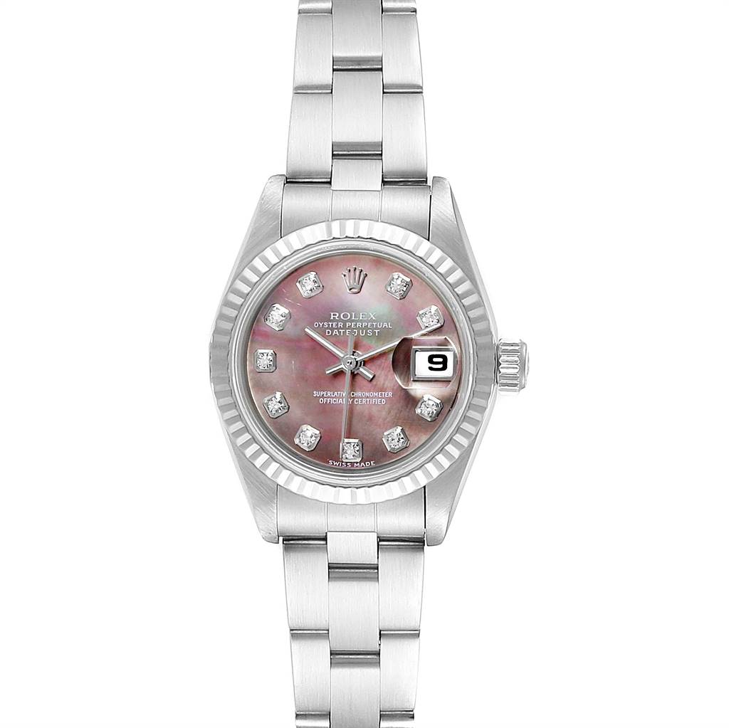 The Rolex Datejust 79174 Women's Stainless Steel Mother of Pearl Dial 79174 Women's Stainless Steel Mother of Pearl Dial watch is shown in a front-facing angle, highlighting its face, bezel, band, and crown.