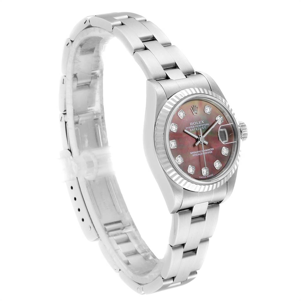 The image shows a side view of a Rolex Datejust 79174 Women's Stainless Steel Mother of Pearl Dial 79174 Women's Stainless Steel Mother of Pearl Dial watch, highlighting the band, case, dial, and crown.