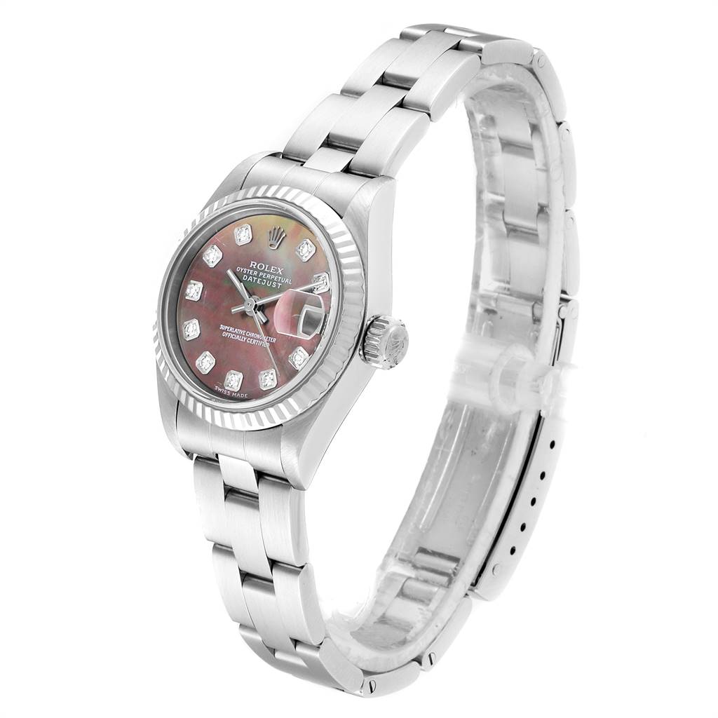 This image shows a Rolex Datejust 79174 Women's Stainless Steel Mother of Pearl Dial 79174 Women's Stainless Steel Mother of Pearl Dial model watch from a three-quarter angle, highlighting the face, bezel, and bracelet.