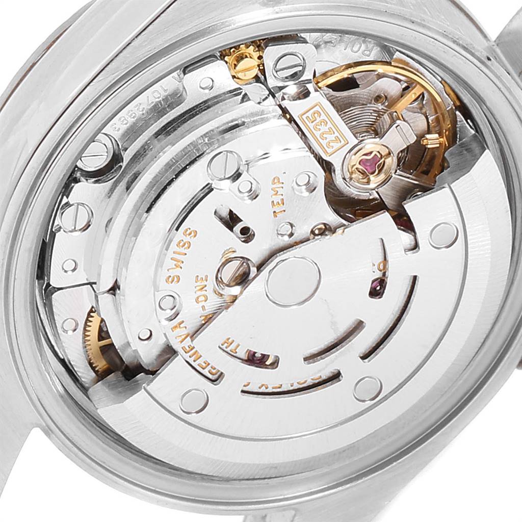 The image shows the intricate movement and internal mechanism of the Rolex Datejust 79174 Women's Stainless Steel Mother of Pearl Dial 79174 Women's Stainless Steel Mother of Pearl Dial watch from a rear angle.