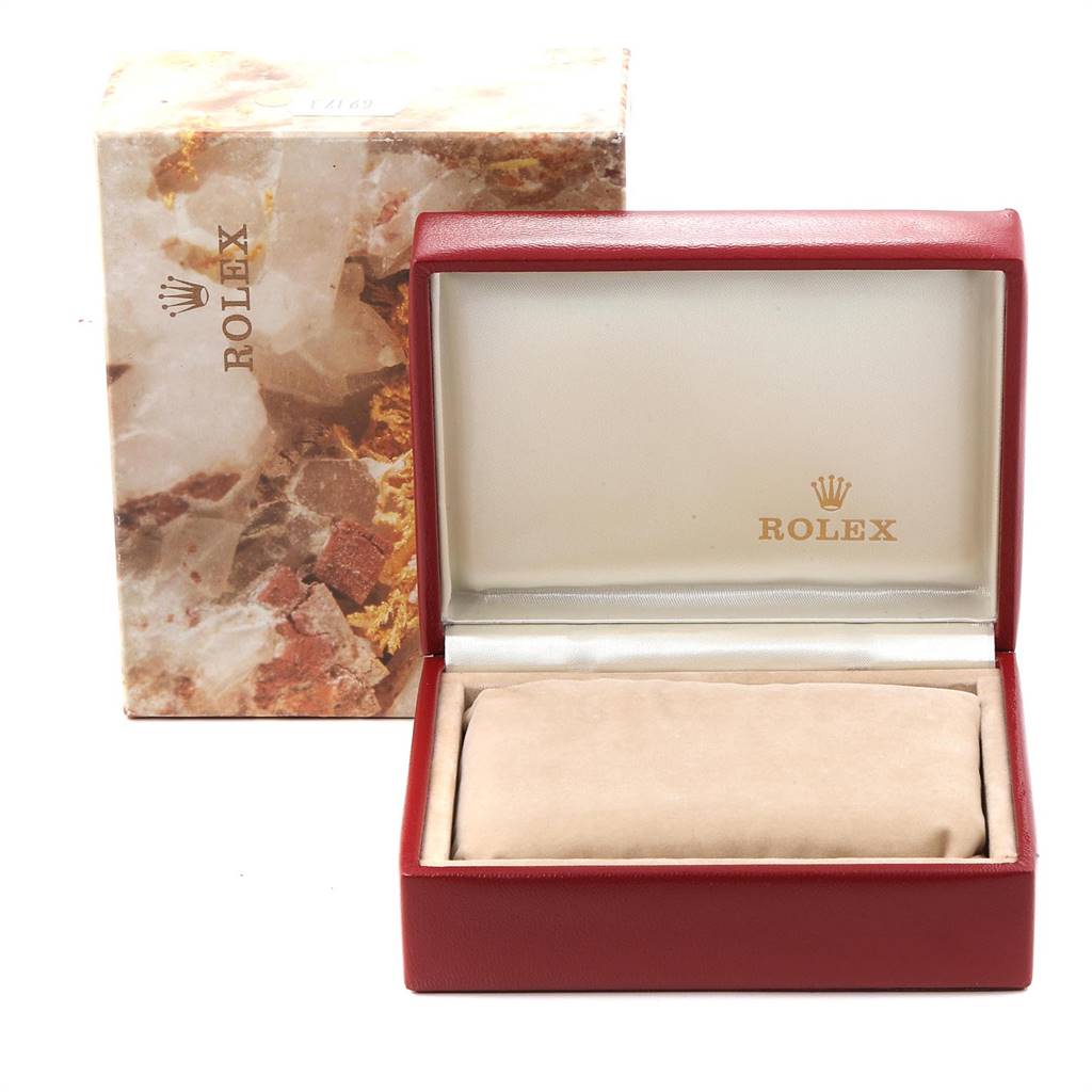 The image shows a Rolex Datejust 69173 Women's Stainless Steel Champagne Dial 69173 Women's Stainless Steel Champagne Dial watch box and outer packaging from a front angle.