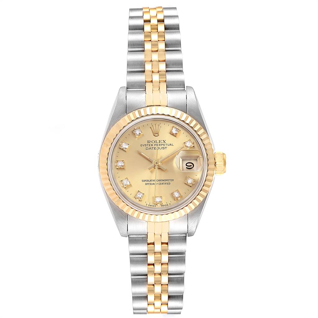 The image shows a front angle of a Rolex Datejust 69173 Women's Stainless Steel Champagne Dial 69173 Women's Stainless Steel Champagne Dial watch, highlighting the dial, bezel, and two-tone bracelet.