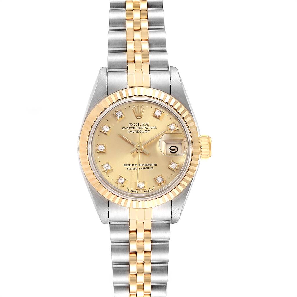 This image shows a frontal view of a Rolex Datejust 69173 Women's Stainless Steel Champagne Dial 69173 Women's Stainless Steel Champagne Dial watch with a two-tone bracelet and a gold dial.