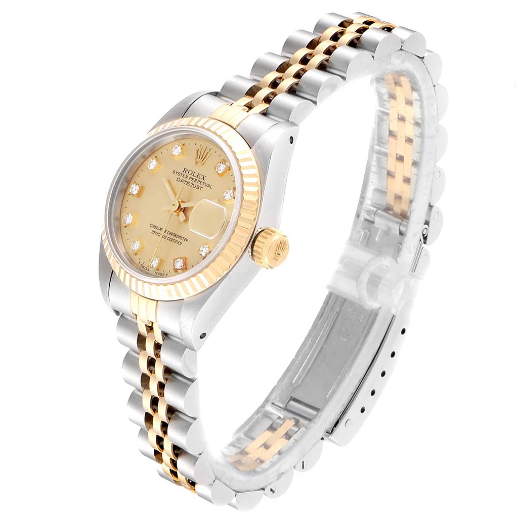 The image shows a side angle of the Rolex Datejust 69173 Women's Stainless Steel Champagne Dial 69173 Women's Stainless Steel Champagne Dial watch, highlighting the face, crown, and Jubilee bracelet.