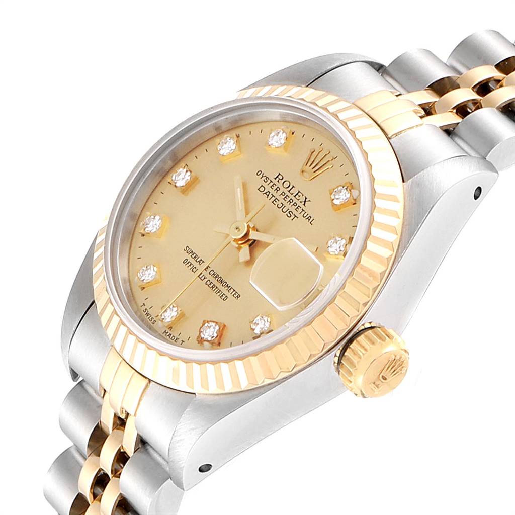 A Rolex Datejust 69173 Women's Stainless Steel Champagne Dial 69173 Women's Stainless Steel Champagne Dial watch is shown at a slight angle, highlighting the face, bezel, crown, and part of the bracelet.