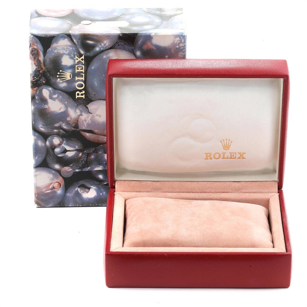 The image shows the packaging and display box of a Rolex Datejust 69173 Women's Steel and Gold (two tone) Silver Dial 69173 Women's Steel and Gold (two tone) Silver Dial watch.