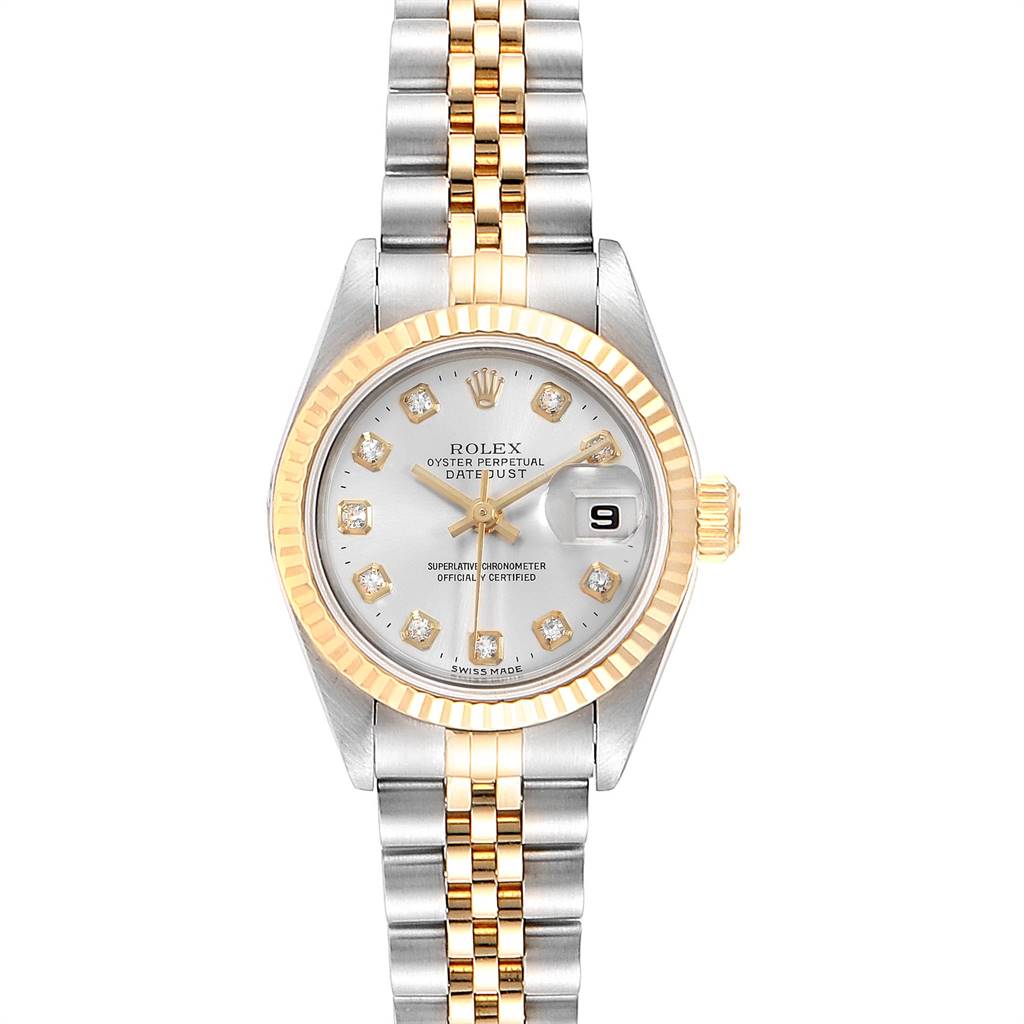 The image shows a Rolex Datejust 69173 Women's Steel and Gold (two tone) Silver Dial 69173 Women's Steel and Gold (two tone) Silver Dial watch viewed from the top, displaying the face, bezel, and part of the bracelet.