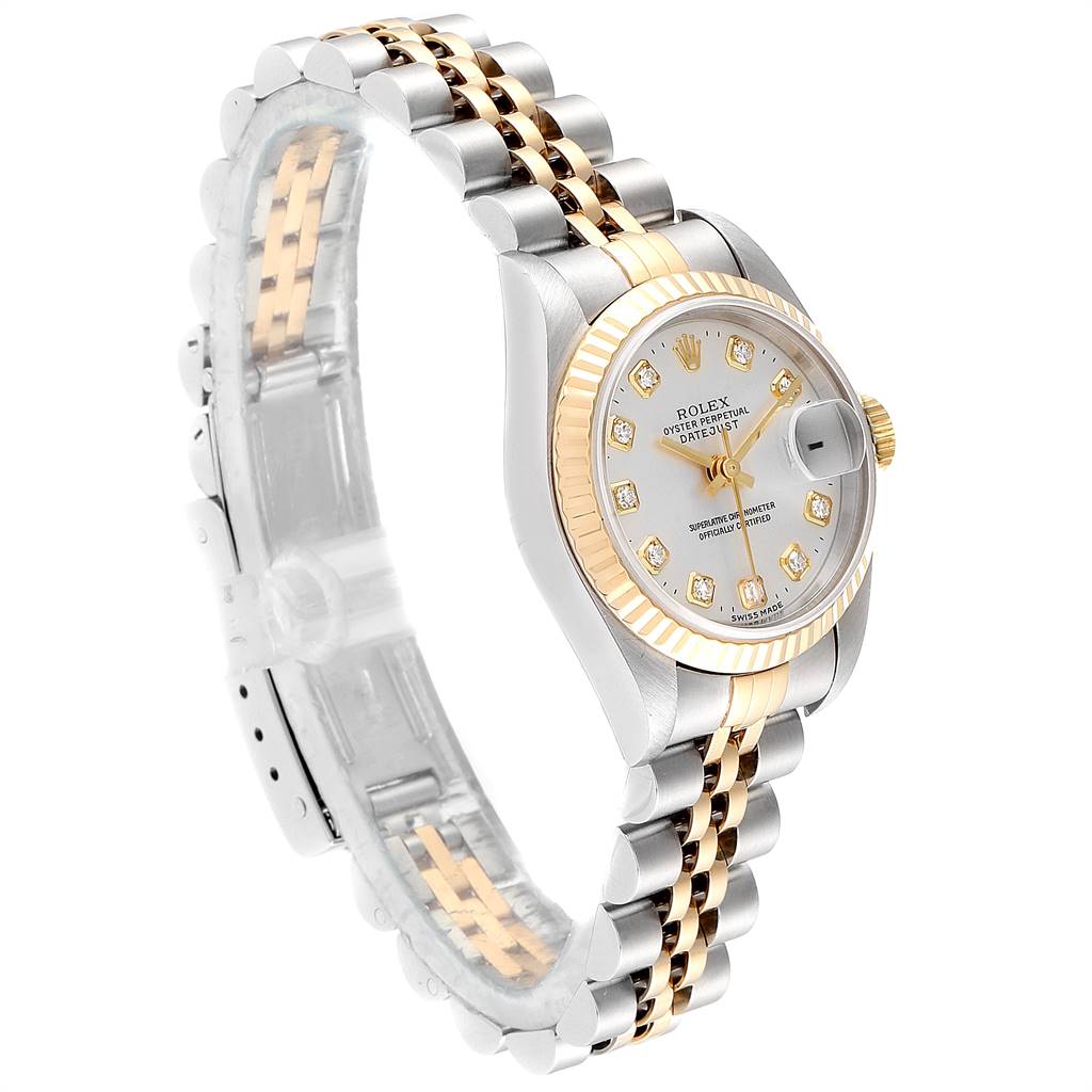 The image shows a side angle of a Rolex Datejust 69173 Women's Steel and Gold (two tone) Silver Dial 69173 Women's Steel and Gold (two tone) Silver Dial watch, highlighting its two-tone bracelet, dial, and fluted bezel.
