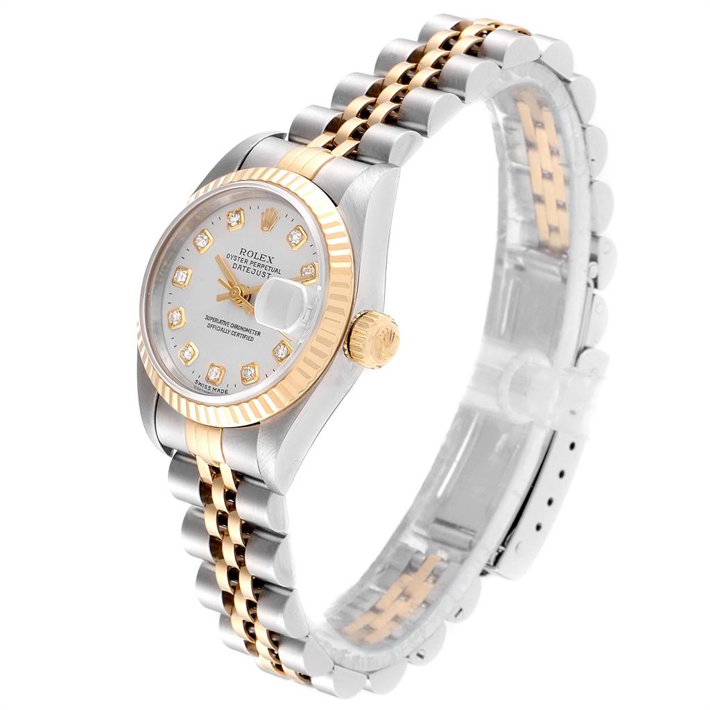 The Rolex Datejust 69173 Women's Steel and Gold (two tone) Silver Dial 69173 Women's Steel and Gold (two tone) Silver Dial watch is shown at a slight angle, highlighting its face, bezel, and two-tone bracelet.