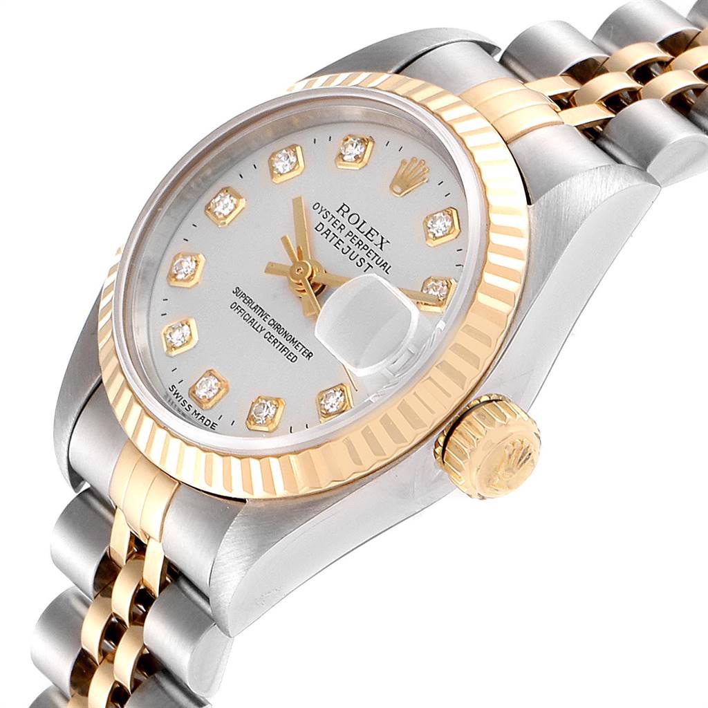 The image shows a close-up, angled view of the Rolex Datejust 69173 Women's Steel and Gold (two tone) Silver Dial 69173 Women's Steel and Gold (two tone) Silver Dial watch, highlighting its dial, bezel, crown, and bracelet.