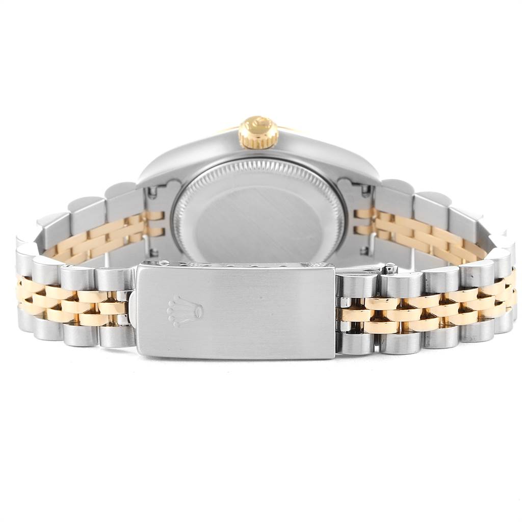 The image shows the back of a Rolex Datejust 69173 Women's Steel and Gold (two tone) Silver Dial 69173 Women's Steel and Gold (two tone) Silver Dial watch, highlighting the two-tone bracelet and closed clasp.