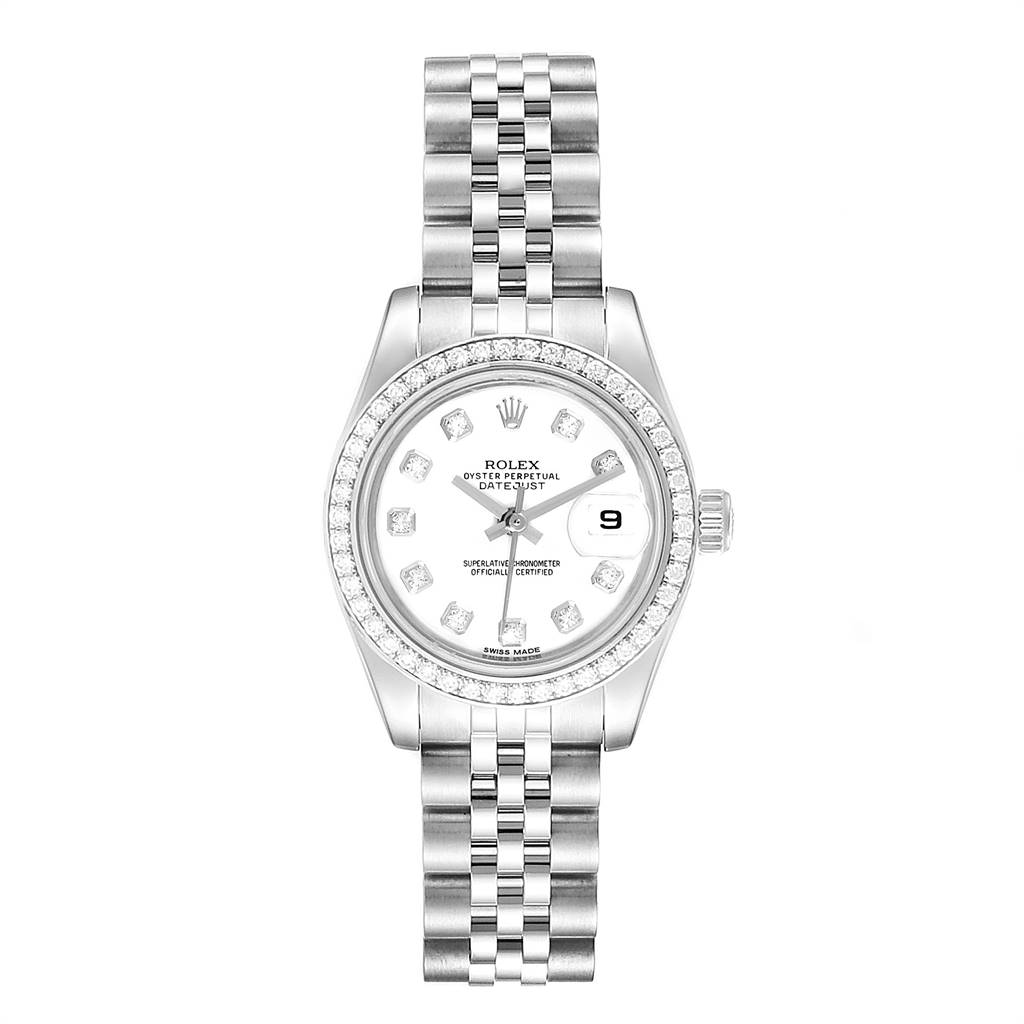 The image shows a Rolex Datejust 179384 Women's Stainless Steel White Dial 179384 Women's Stainless Steel White Dial watch from a top-down angle, displaying its face, bezel, and bracelet.