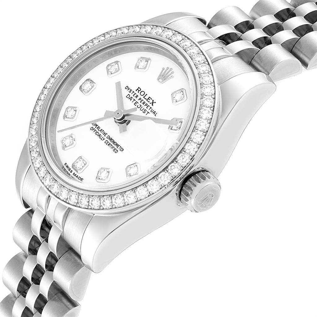 This image shows a Rolex Datejust 179384 Women's Stainless Steel White Dial 179384 Women's Stainless Steel White Dial watch at an angle, highlighting its bezel, dial, crown, and bracelet.