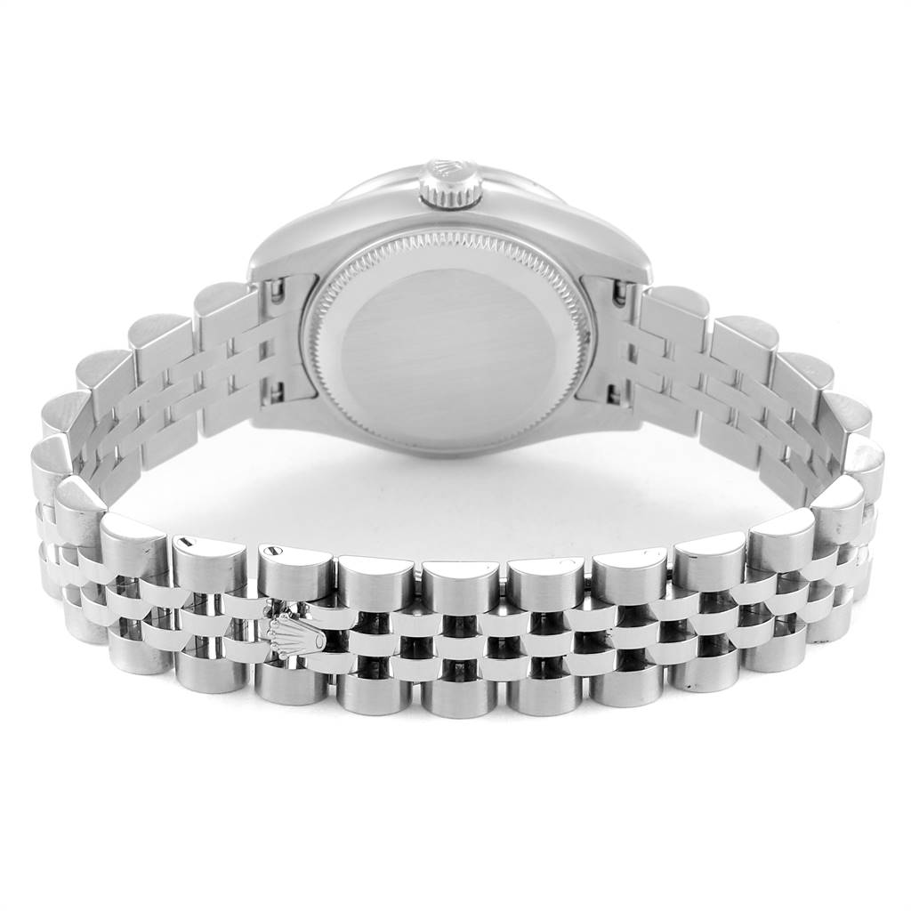 This image shows the back view of a Rolex Datejust 179384 Women's Stainless Steel White Dial 179384 Women's Stainless Steel White Dial watch, focusing on the case back and Jubilee bracelet.
